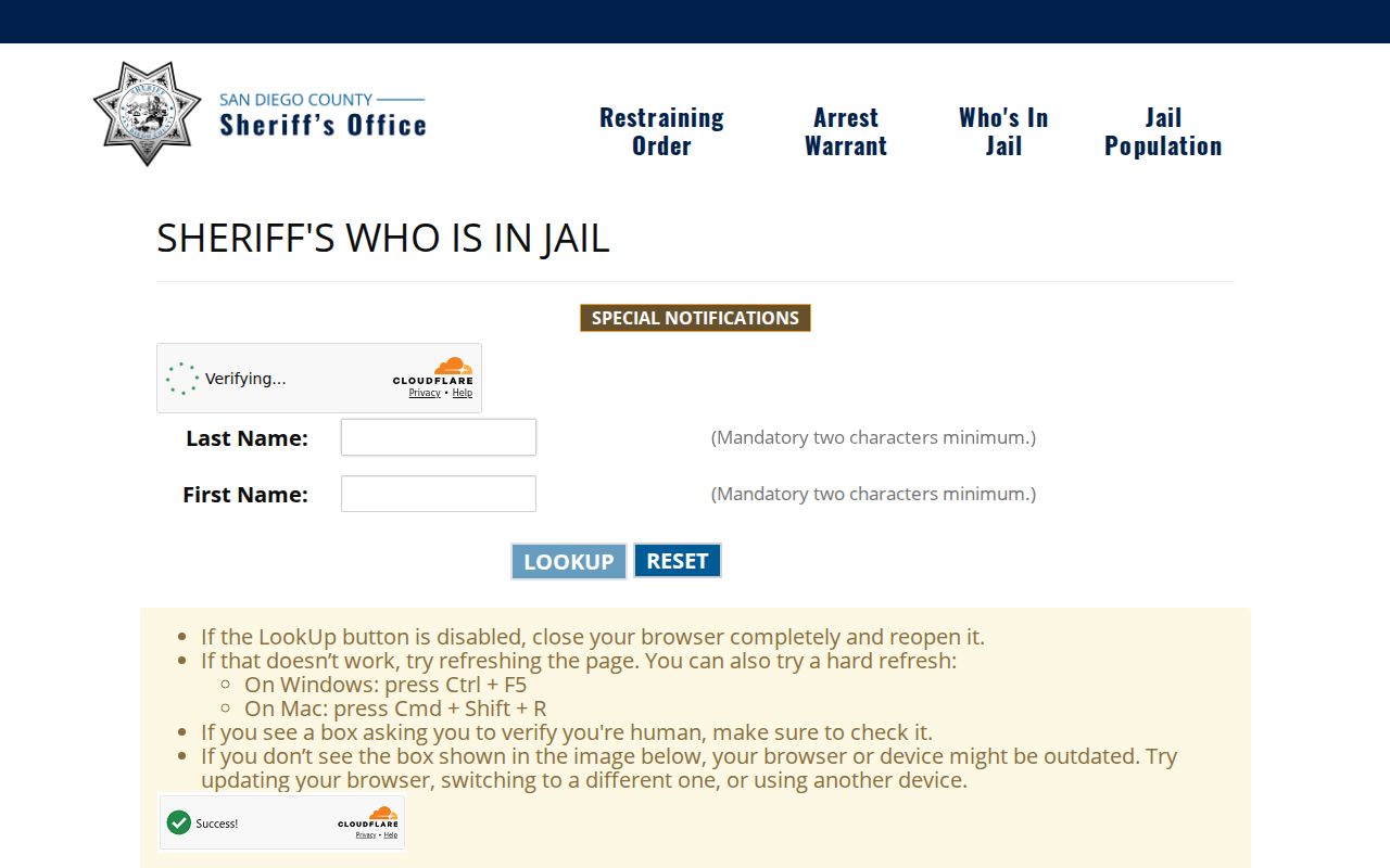 Chula Vista residents directory county custody lookup