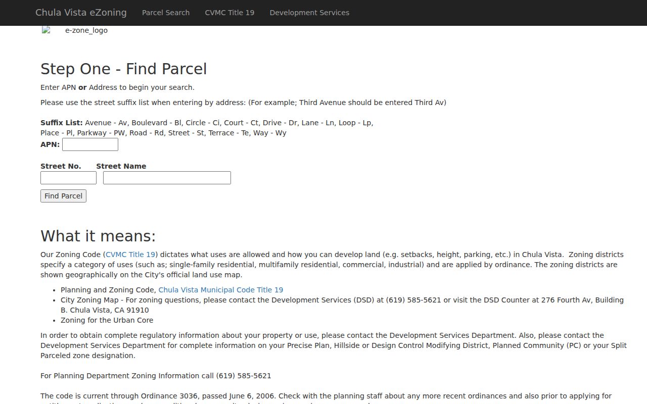 Chula Vista street directory eZoning address lookup